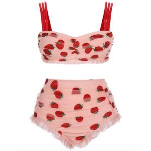 NWT 1950s Pin up Style RETRO STAGE Tankini Swim Set 1X Pink Strawberry Ruffles